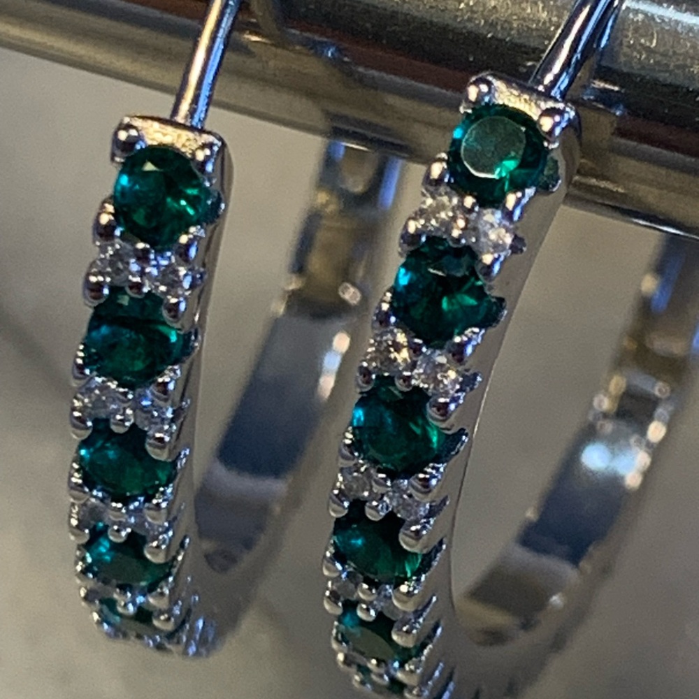 Silver .925 Plated and Green Cubic Zirconia Hoop Earrings - Picture 3 of 6